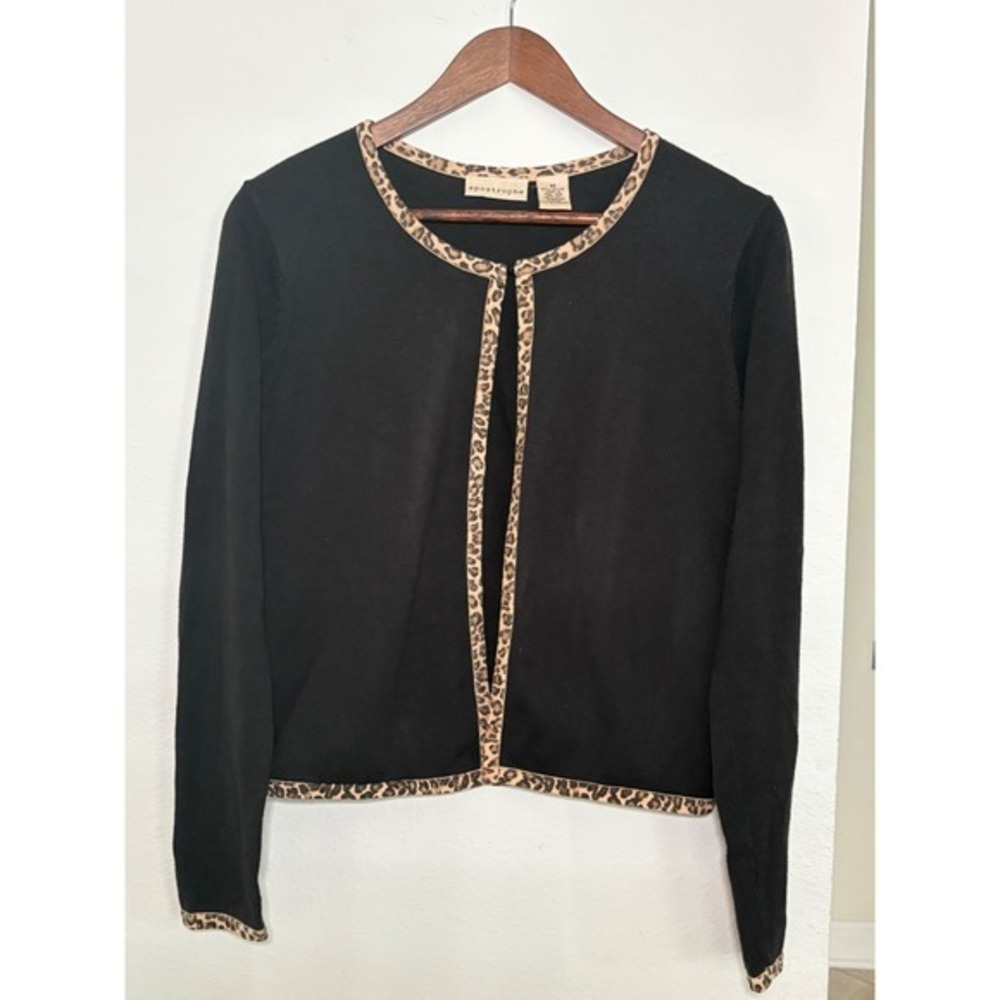 Vintage Y2K Apostrophe Black Cardigan Leopard Trim Cotton Womens Medium
